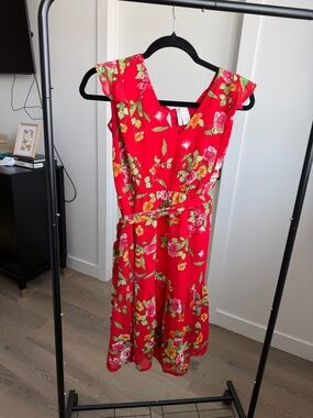 Japna Red Floral Midi Dress with Self-Tie Waist